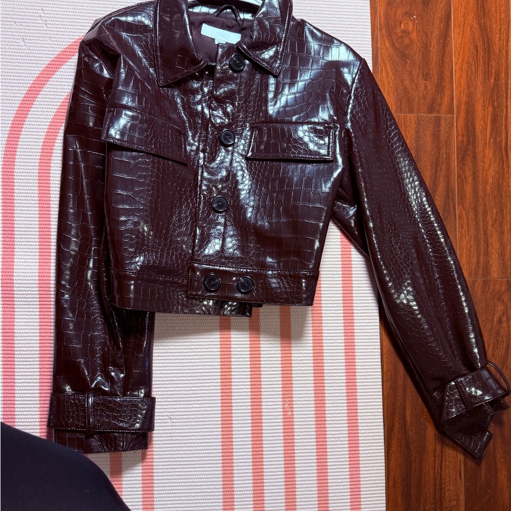 Zara Cropped Patent Leather Jacket - Dark Brown - Picture 7 of 12